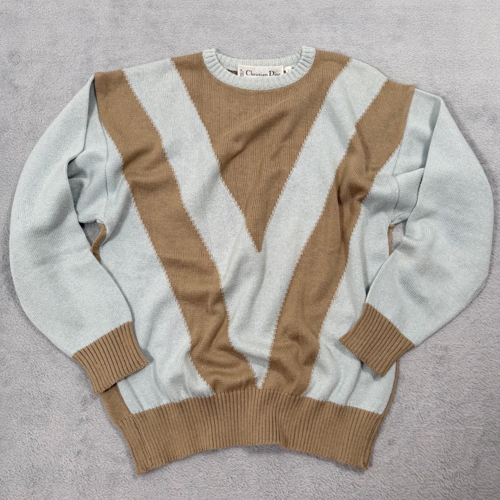 VTG Christian Dior Monsieur Chevron Knit Sweater Womens Large Blue/Tan Italy 90s